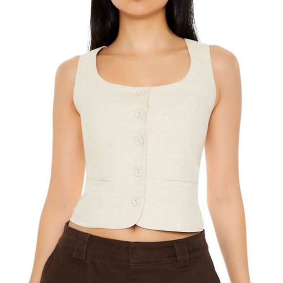 Forever 21 Small Oatmeal Sleeveless Button-Up Crop Top - Picture 1 of 5